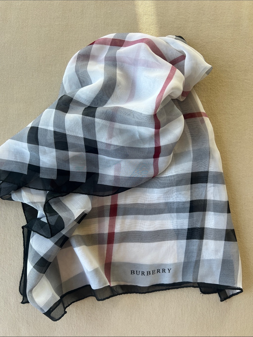 Burberry Sheer Check Scarf in Black, White & Red Accent - Picture 3 of 8